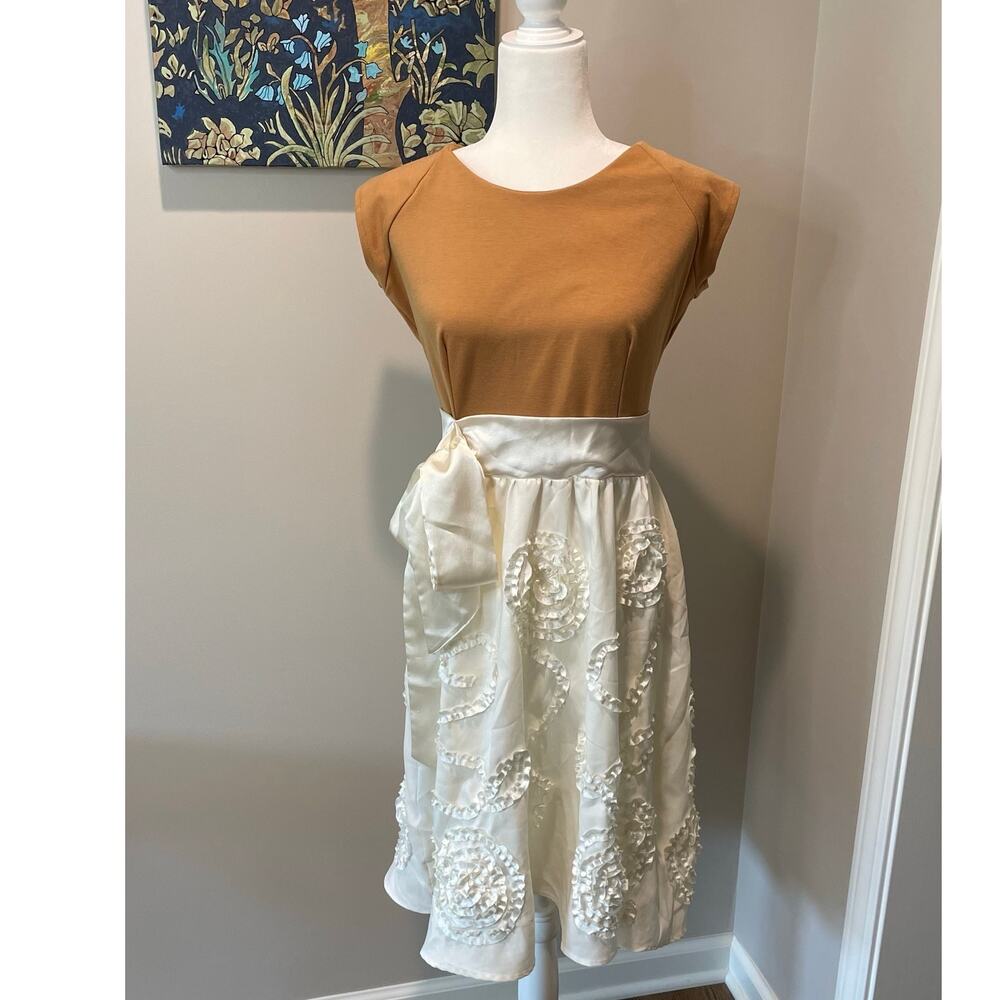 Shabby Apple A-Line Dress Sz S Satin Waist Bow Ribbon Detail Tan Cream Whimsical
